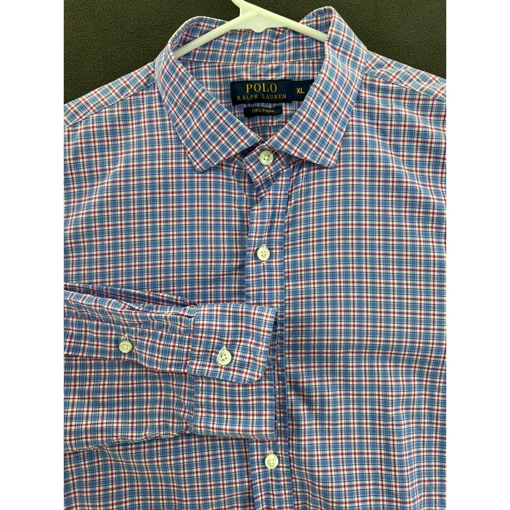 Polo Ralph Lauren 120s Poplin Shirt Men XL Blue Pink Plaid Long Sleeve Button Up